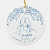 Blue Whimsical Cheers Our First Christmas Engaged Keramik Ornament (Vorne)