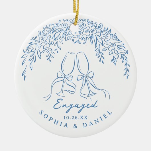 Blue Whimsical Cheers Our First Christmas Engaged Keramik Ornament (Vorne)