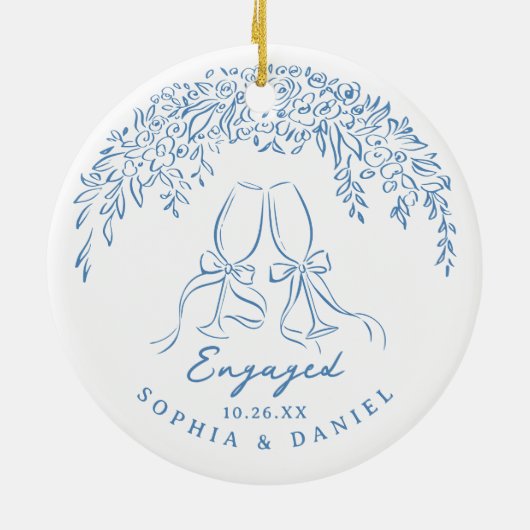 Blue Whimsical Cheers Our First Christmas Engaged Keramik Ornament (Hinten)