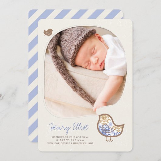 Blue Whimsical Chick Baby Boy Geburtserklärung Ankündigung (Vorne/Hinten)