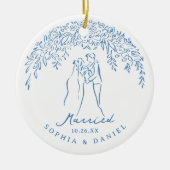 Blue Whimsical Couple Our First Christmas Married Keramik Ornament (Vorne)
