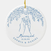 Blue Whimsical Couple Our First Christmas Married Keramik Ornament (Hinten)