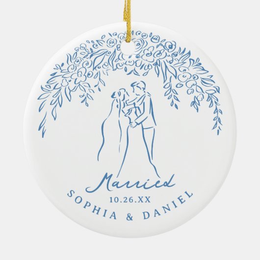 Blue Whimsical Couple Our First Christmas Married Keramik Ornament (Hinten)
