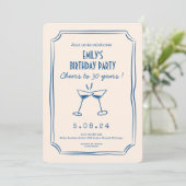 Blue Whimsical Funky Cheers Beers 30. Geburtstag Einladung (Stehend Vorderseite)