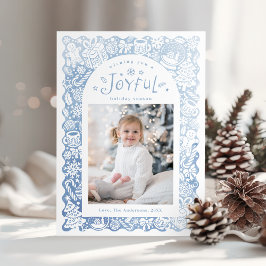 Blue Whimsical Hand Drawn Joyful Holiday Photo Feiertagskarte