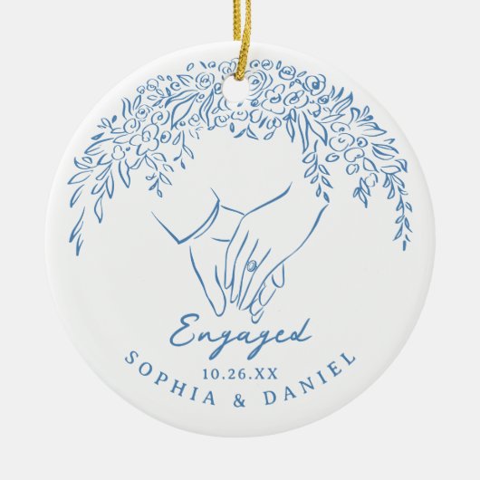 Blue Whimsical Hands Our First Christmas Engaged Keramik Ornament (Vorne)