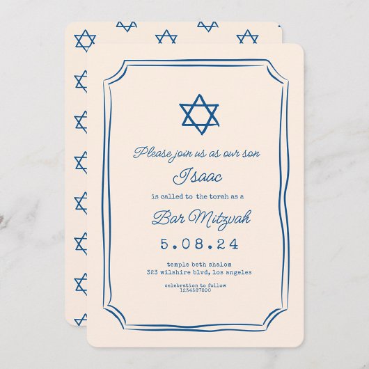 Blue Whimsical Handwriter Bar Mitzvah Einladung