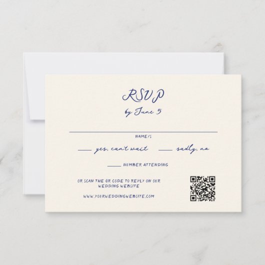 Blue Whimsical Handwriting Wedding QR Code RSVP Karte (Vorderseite)