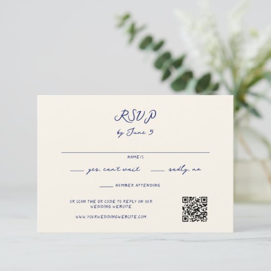 Blue Whimsical Handwriting Wedding QR Code RSVP Karte (Stehend Vorderseite)