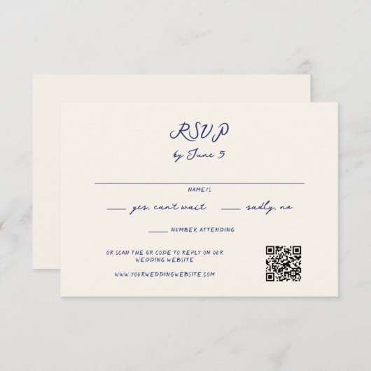 Blue Whimsical Handwriting Wedding QR Code RSVP Karte (Vorne/Hinten)