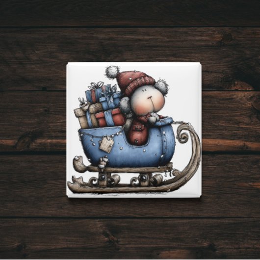 Blue Whimsical Polar Bear Sled | Christmas Magnet