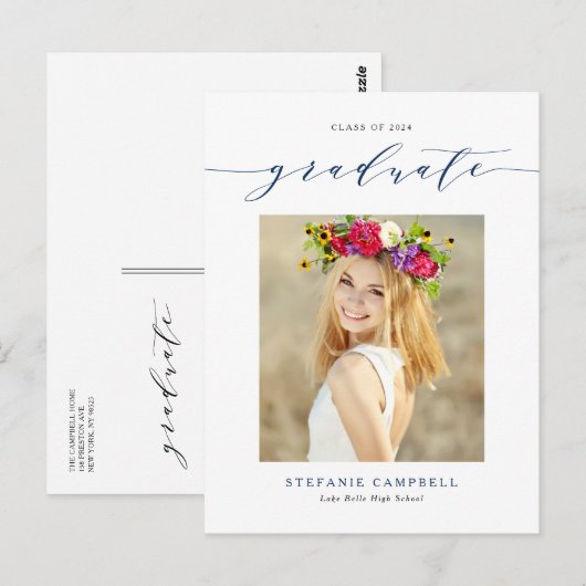 Blue Whimsical Script Class of 2023 Abschluss Postkarte (Vorne/Hinten)