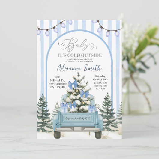 Blue Whimsical Stripes Cold Outside Baby Shower Einladung (Stehend Vorderseite)