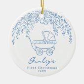 Blue Whimsical Stroller Baby's First Christmas Keramik Ornament (Vorne)