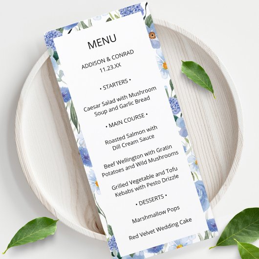 Blue Whimsical Watercolor Garden Wedding Menu Menükarte