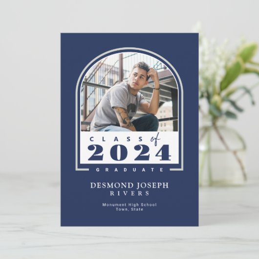 Blue White 2024 Modern Arch Foto Abschluss Ankündigung (Stehend Vorderseite)