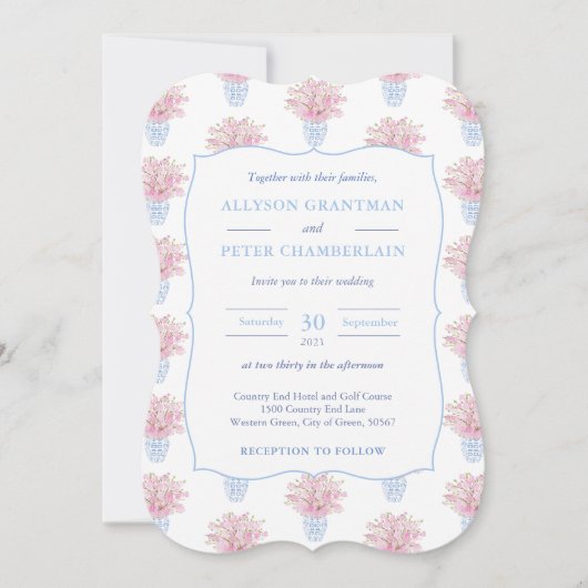 Blue White and Pink Chinese Pottery Wedding Einladung (Vorderseite)