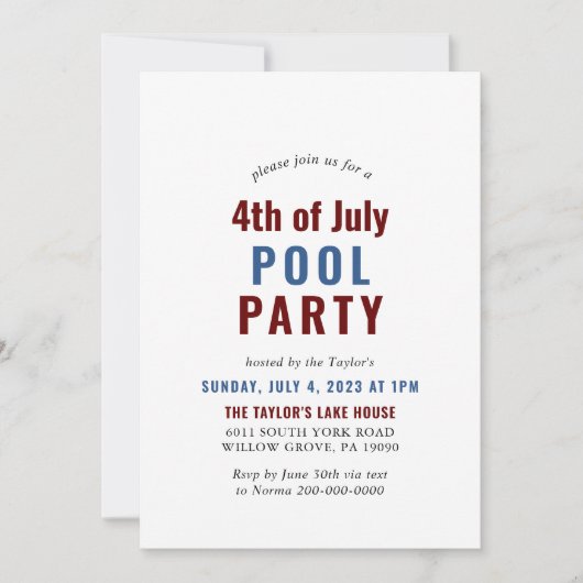 Blue White and Red 4. Juli Pool Party Einladung (Vorderseite)