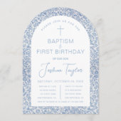 Blue White Arch Floral Boy Baptism First Birthday Einladung (Vorderseite)