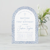 Blue White Arch Floral Boy Baptism First Birthday Einladung (Stehend Vorderseite)