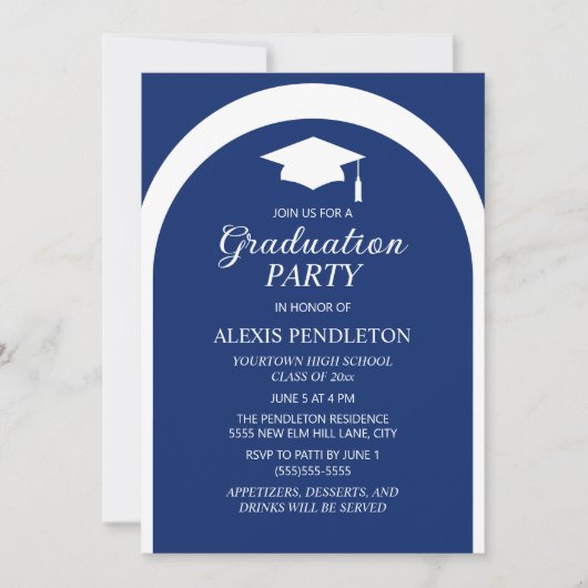 Blue White Arch High School Graduation Cap Einladung (Vorderseite)