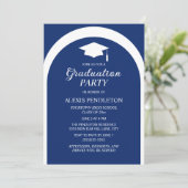 Blue White Arch High School Graduation Cap Einladung (Stehend Vorderseite)