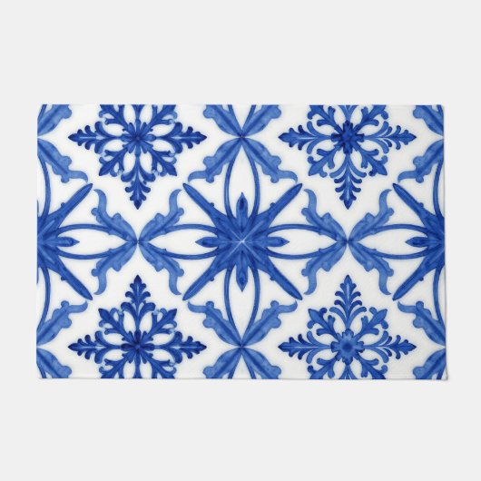 Blue White Azulejo Tile Floral Pattern Fußmatte (Vorderseite)