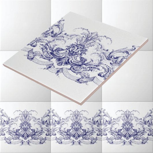 Blue & White Baroque Rokoko Rocaille Frieze Fliese