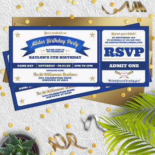 Blue & White Baseball Allstar-Ticket Geburtstag Einladung