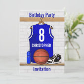 Blue White Basketball Jersey Geburtstagsparty Einladung (Stehend Vorderseite)