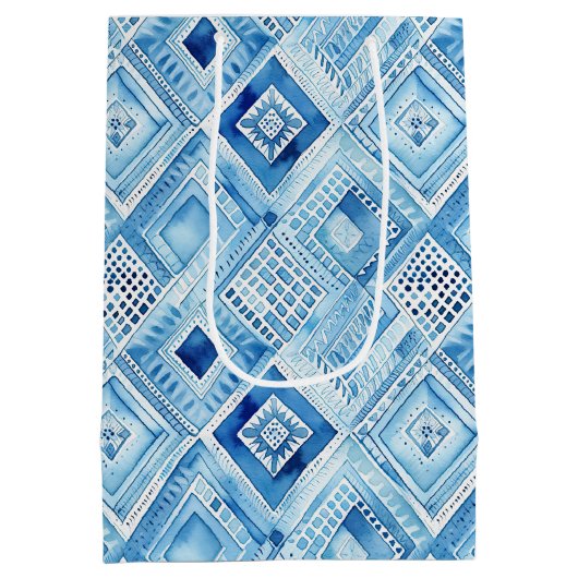 Blue White Batik Square Jewel Mittlere Geschenktüte (Rückseite)