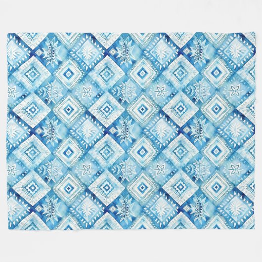 Blue White Batik Squares Fleecedecke (Vorderseite (Horizontal))