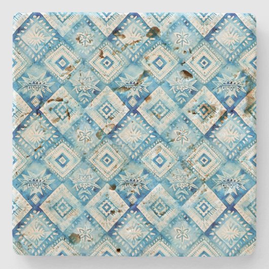 Blue White Batik Squares Steinuntersetzer (Vorderseite)