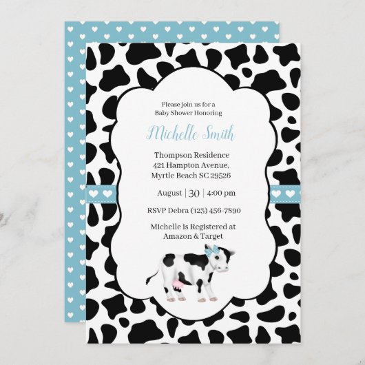 Blue White Black Cow Print Baby Dusche Einladung (Vorne/Hinten)