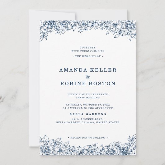Blue White Blume Elegante Einfache Hochzeit Einladung (Vorderseite)
