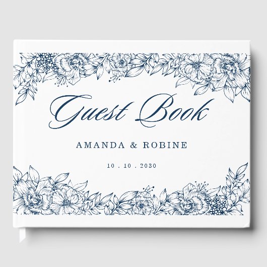 Blue White Blume Elegante Gästebuch (Vorderseite)