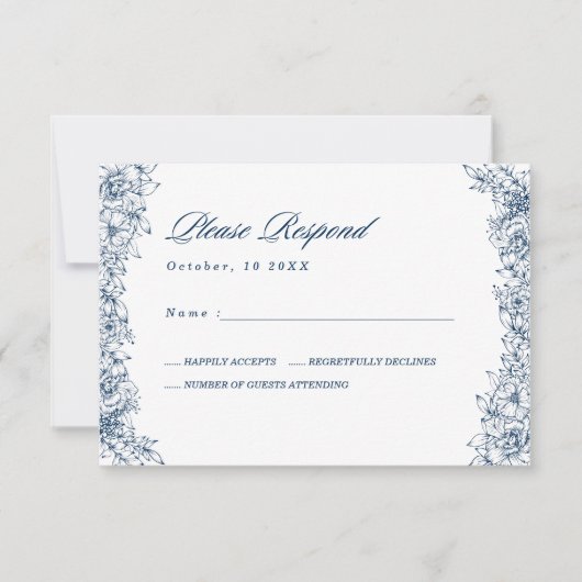 Blue White Blume Elegante Wedding RSVP Card Karte (Vorderseite)