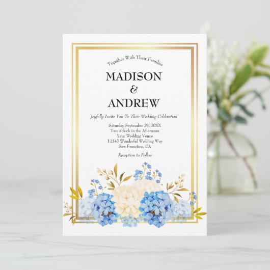 Blue White Blume Gold Frame Elegante Hochzeit Einladung (Stehend Vorderseite)