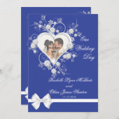 Blue & White Blume Herz Hochzeit Foto Einladung (Vorne/Hinten)