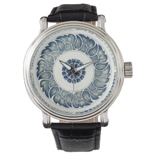 Blue White Blumenchinesisch Runde Armbanduhr