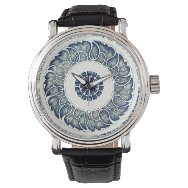 Blue White Blumenchinesisch Runde Armbanduhr (Vorderseite)