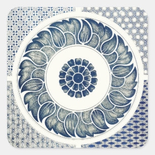 Blue White Blumenchinesisch Runde Quadratischer Aufkleber