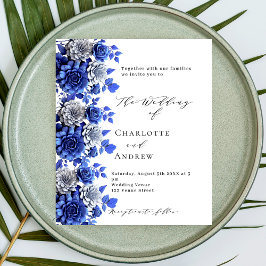 Blue White Blumenskript Budget Hochzeitseinladung