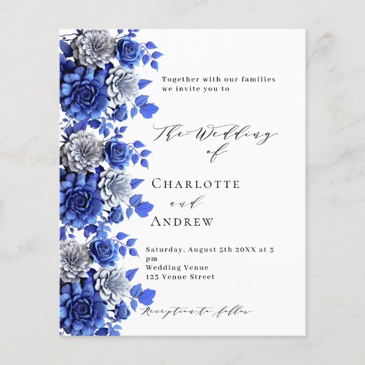 Blue White Blumenskript Budget Hochzeitseinladung (Vorderseite)