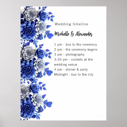 Blue White Blumenskript Budget Hochzeitsprogramm Poster (Vorne)