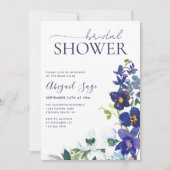 Blue White Boho Floral Trendy Script Brautparty Einladung (Vorderseite)