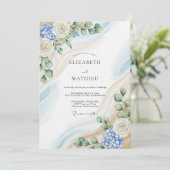 Blue & White Botanical Abstract Wedding Einladung (Stehend Vorderseite)