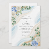 Blue & White Botanical Abstract Wedding Einladung (Vorne/Hinten)