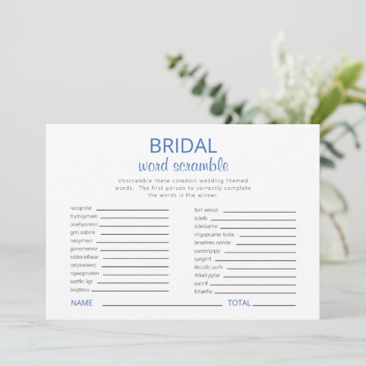 Blue & White Brautparty Word Scramble Game II Einladung (Stehend Vorderseite)