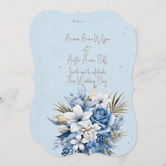Blue White Brown Floral Wedding Bouquet Einladung (Vorne/Hinten)